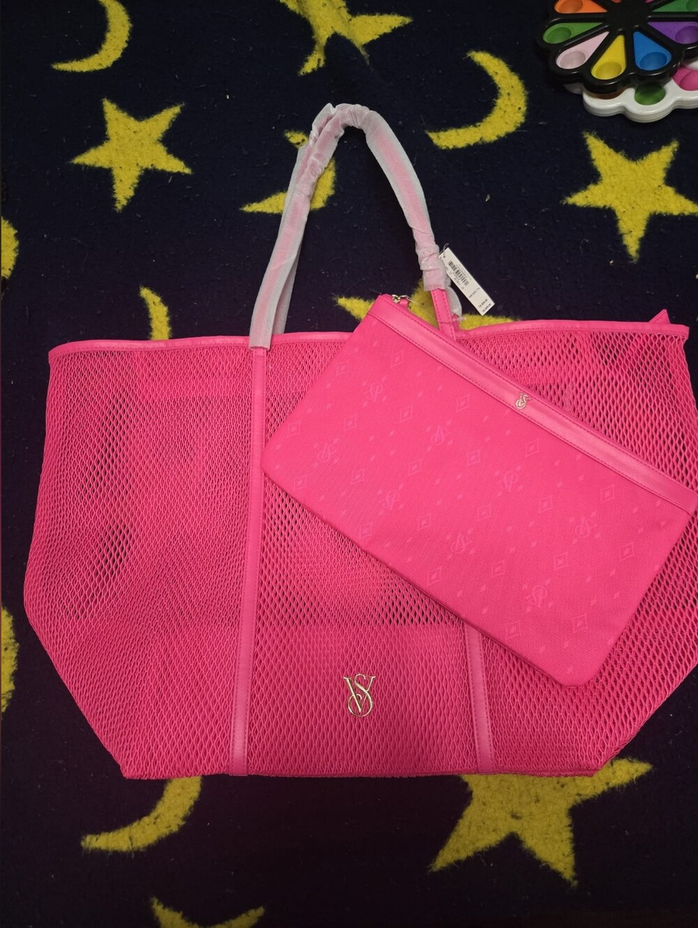 Victoria's Secret Hot Pink Mesh Tote with Matching Zip Pouch